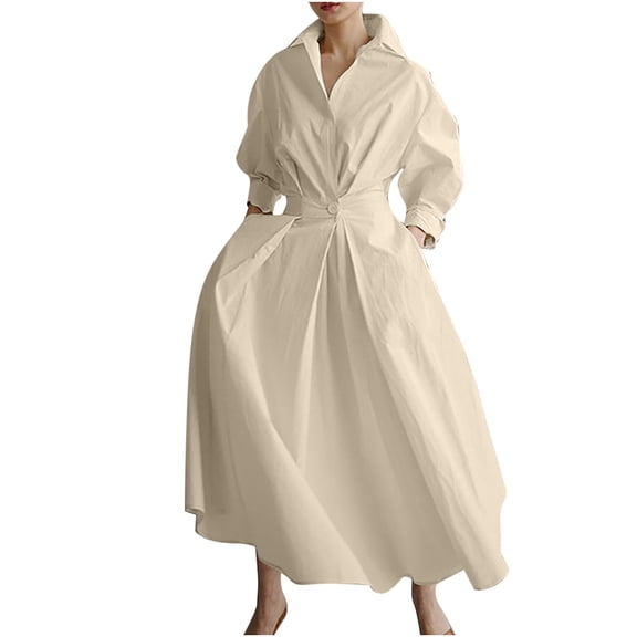 ClodeEU Women's Linen Blend Collared V Neck High Waist Long Sleeve Maxi Dress ,Solid Color Casual Loose Fit Dress Beige,Women's Plus L