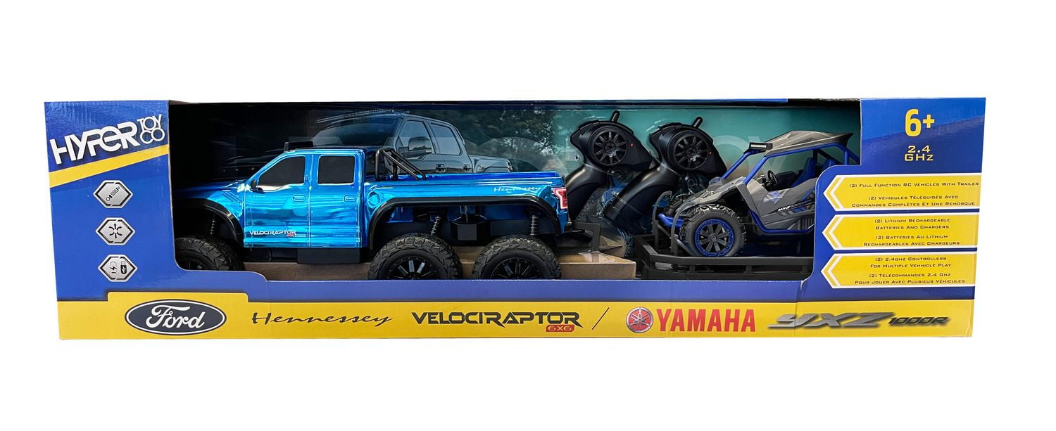 Combinaison de camion Ford Velociraptor téléguidé à échelle 1:10 avec véhicule côte à côte Yamaha YXZ à échelle 1:18, 2 télécommandes comprises