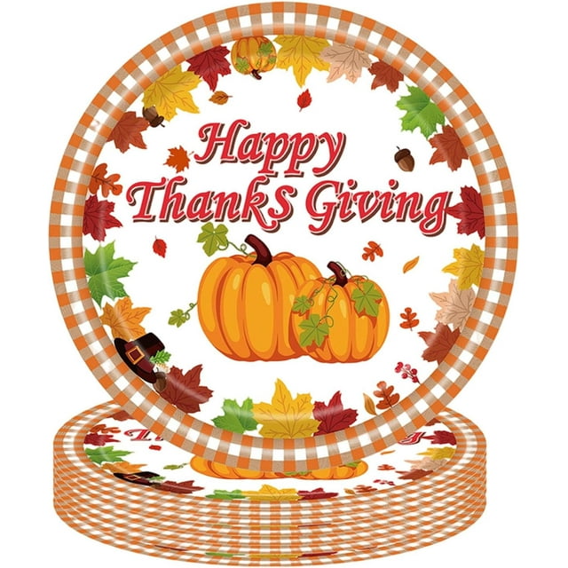 mdgfge Thanksgiving Day Fall Paper Plates 9 Inch Pumpkin Printed Disposable Paper Plates Pumpkin Maple Leaf Fall Theme Tableware for Thanksgiving Autumn Dinner Family Party Supplies(24Pcs)