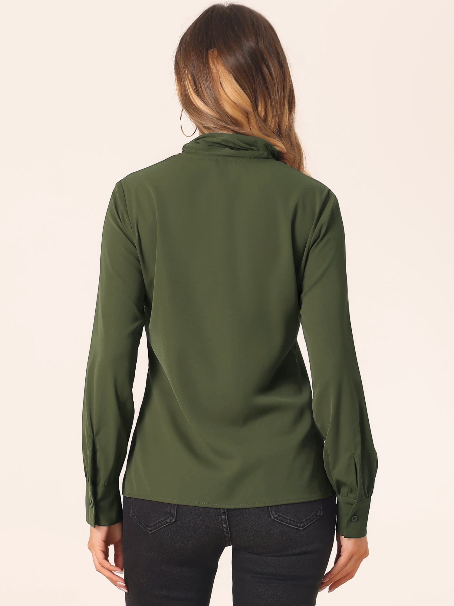 DARING DIVA Tie-Neck Long Sleeve Pleated Tops Shirt XS Army Green