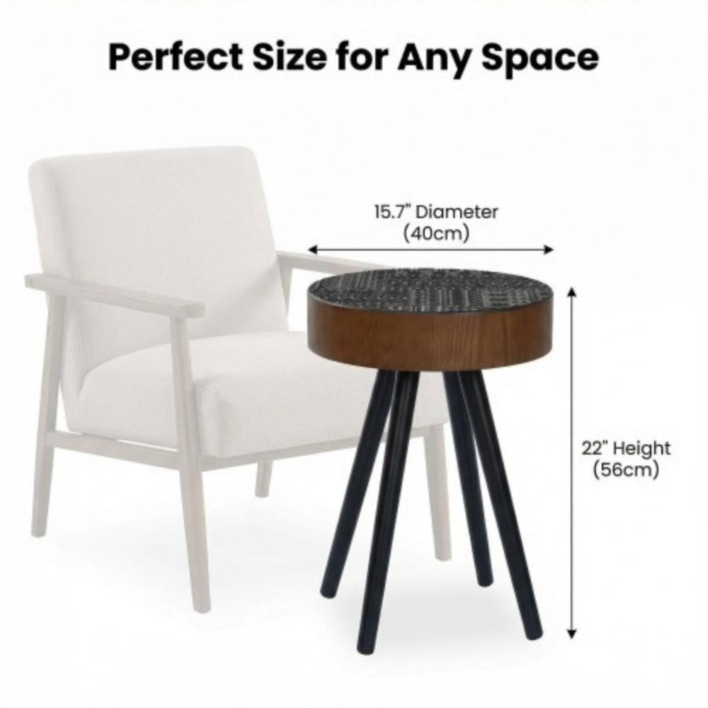 15.7" Round Drink Table, Small Wooden Side Table with Solid Wood Legs, Mid-Century Modern Accent Table for Living Room, Bedroom, Sofa, Black & Brown