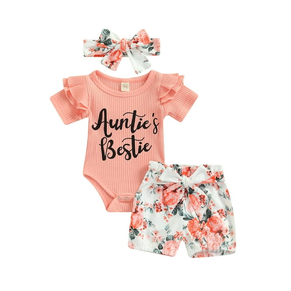 Newborn Baby Girl Outfit Clothes Auntie's Bestie Rib Knit Onesie Romper Floral Shorts Headband 3pcs Summer Set 3M 6M 12M 18M