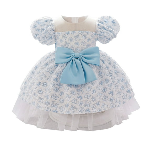 Bearichfupo Infant Girls Birthday Dress Baby Puffy Sleeve Print Bowknot Princess Party Dress, Sizes 0-6 Months