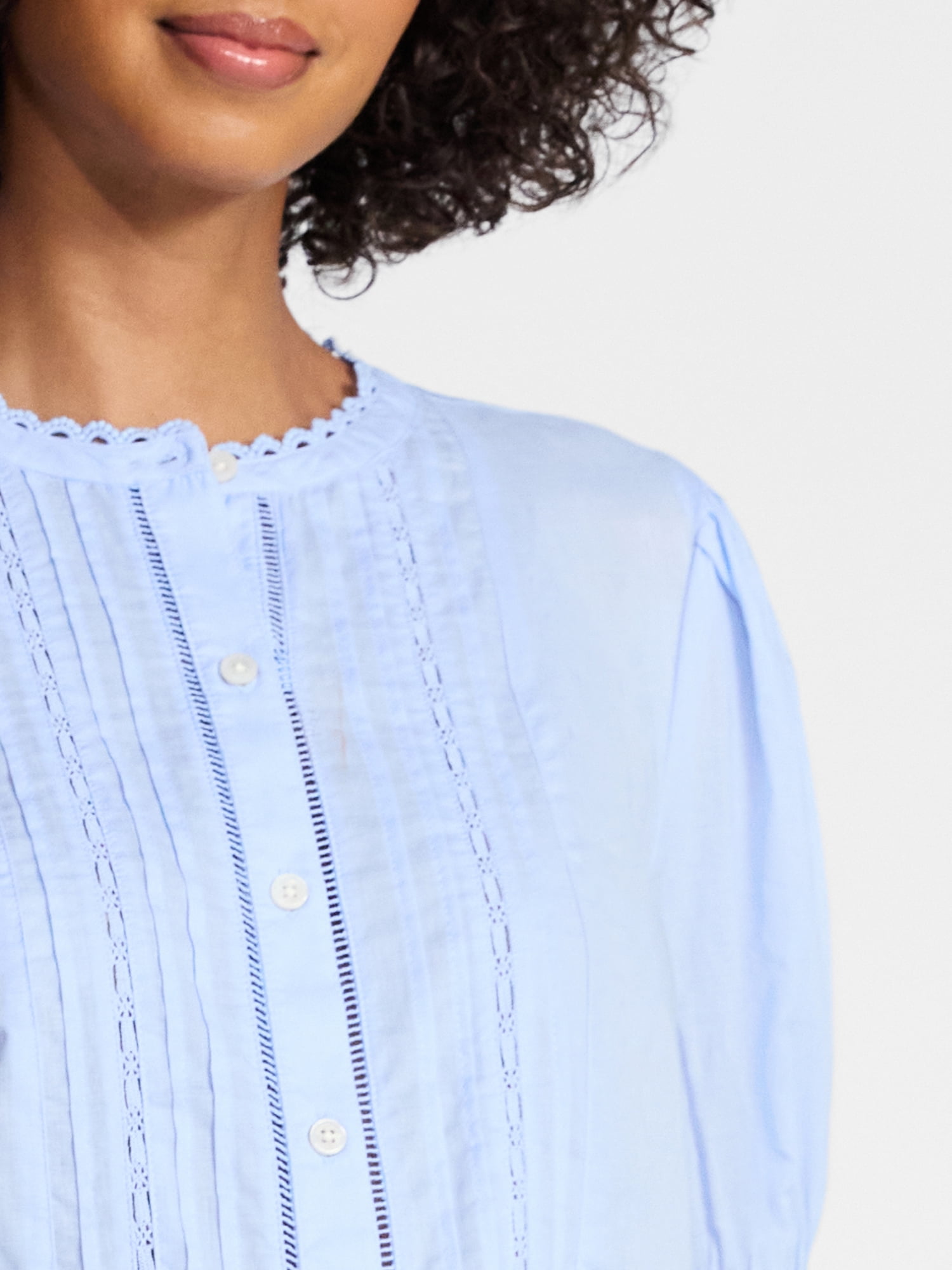 Time and Tru Women's and Women's Plus Cotton Lace Inset Blouse with Elbow Length Sleeves, Sizes XS-4X