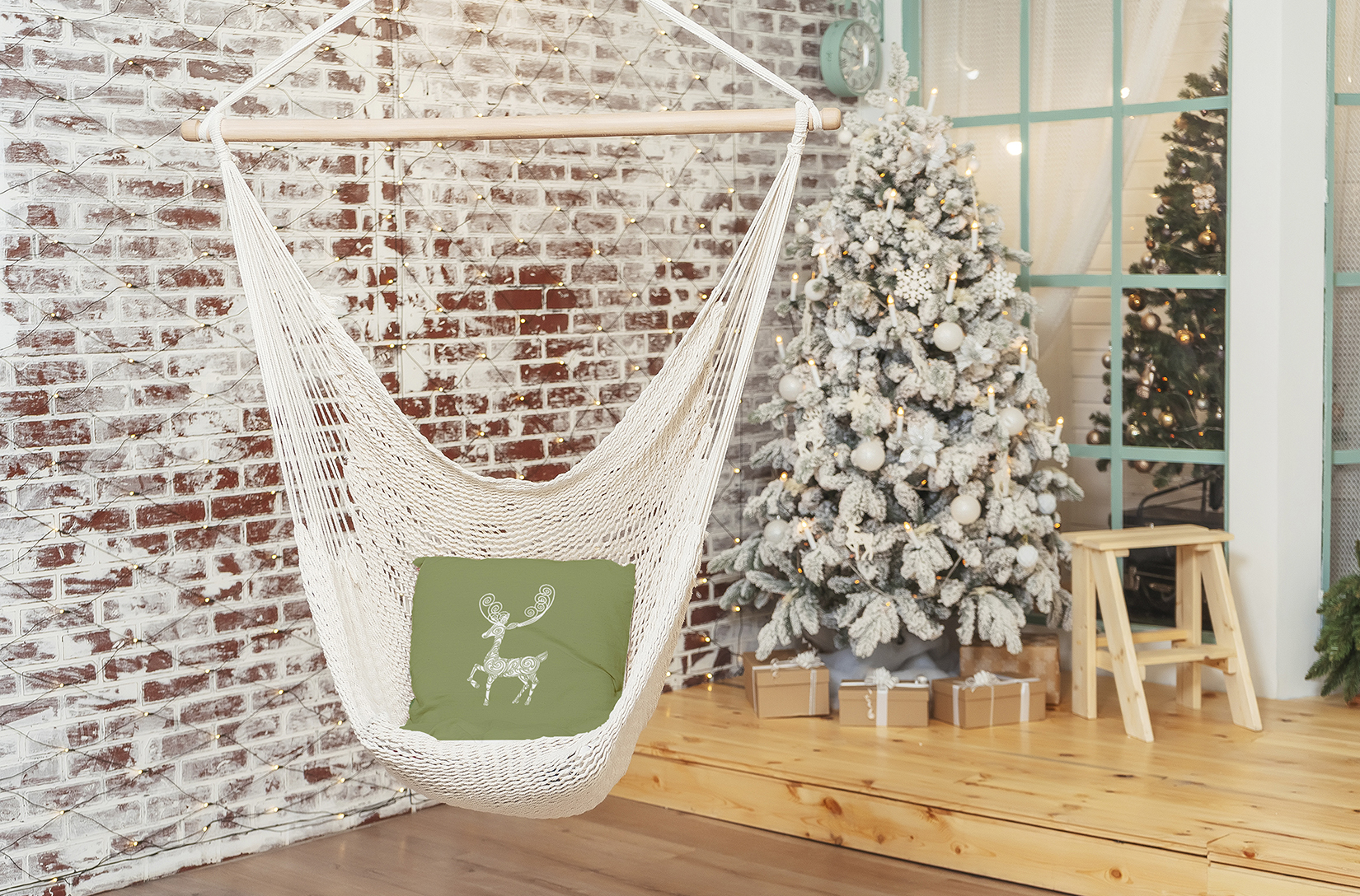 18" x 18" Simply Daisy Fancy Holiday Reindeer Polyester Indoor/Outdoor Pillow, Sage Green (1 Count)