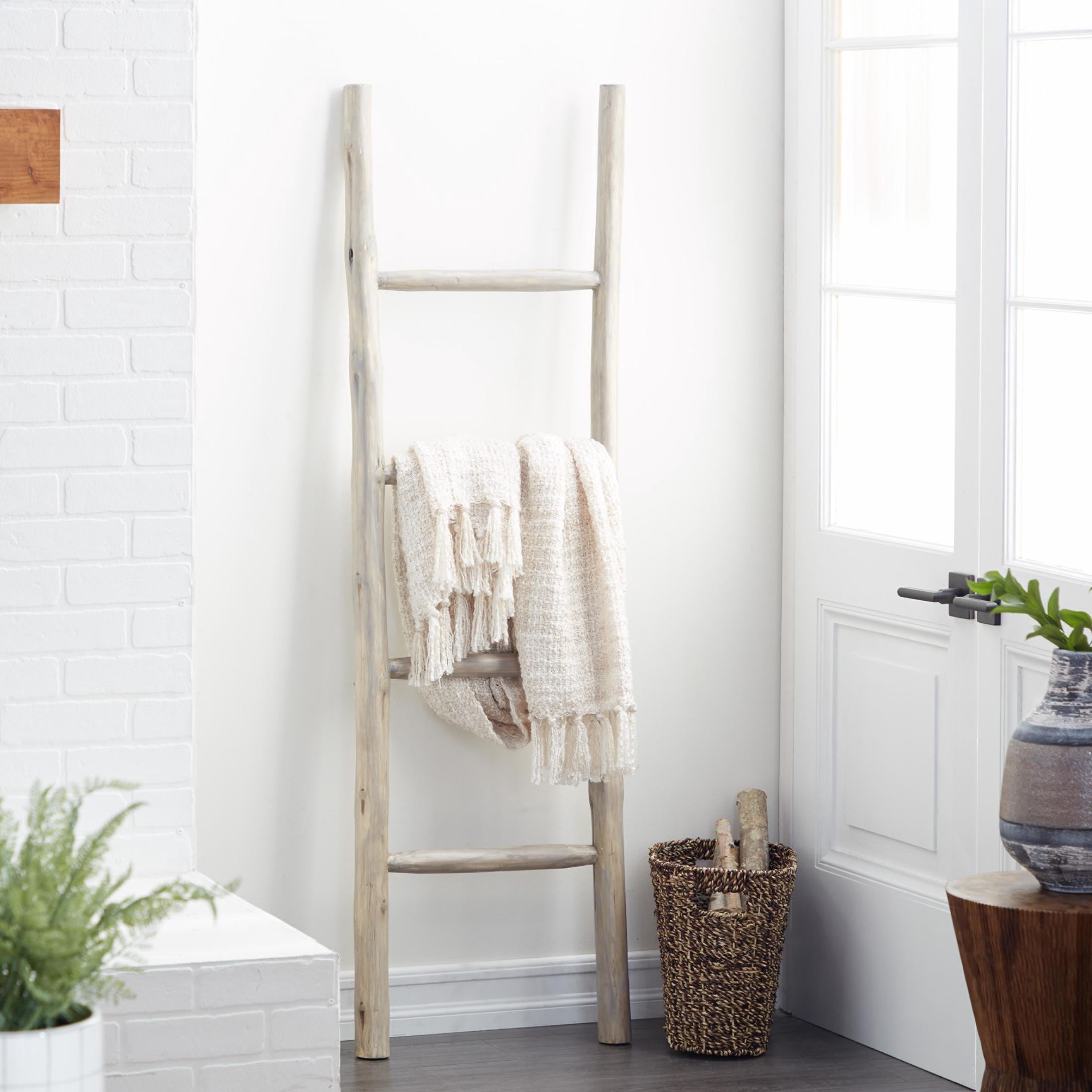 DecMode Teak Modern White Ladder Wooden Rack, 18"W x 59"H