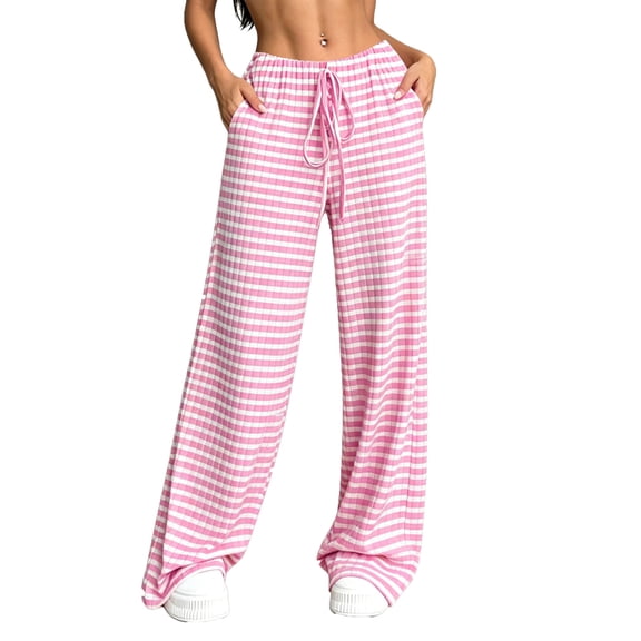 Lenpel Womens Plaid Pants Casual Loose Lightweight Drawstring Elastic Waist Trousers Comfy Wide Leg Lounge Pants