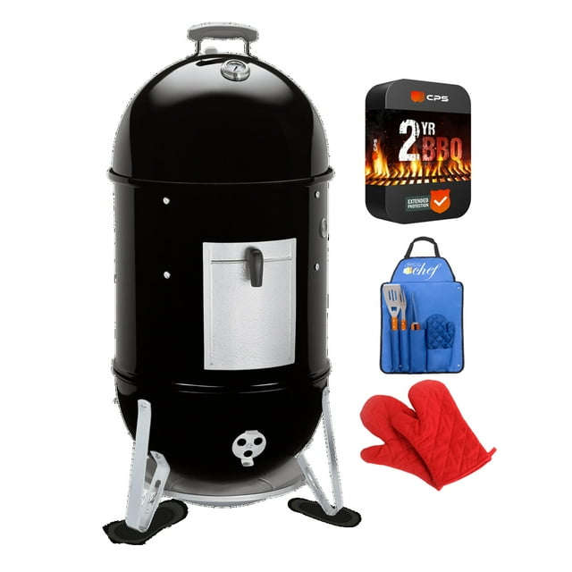 Weber 721001 Smokey Mountain Cooker Smoker 18 inch Bundle with 3 Piece BBQ Tool Set with Custom Blue Apron, Spatula, Tongs, Fork and Oven Mitt, Pair of Oven Mitt and 2 YR CPS Enhanced Protection Pack