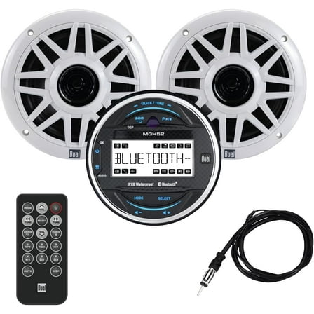Dual Electronics MXPGH52 Marine Gauge Hole Media Receiver with Bluetooth | (2) 6.5" Marine Speakers | Wireless Remote Control and Antenna Combo Pack