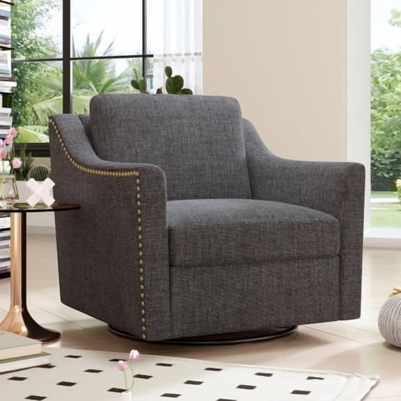 360 Degree Swivel Accent Barrel Chair with Brass Nailhead Trim, Ergonomic Comfy Reading Armchair for Living Room, Bedroom & Nursery, Cotton Linen Upholstered Lounge Chair, 300 Lbs Capacity, Blackgray