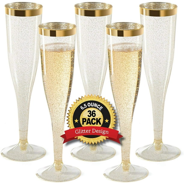 Plastic Champagne Flutes Disposable Gold Glitter with a Gold Rim Premium Toasting Glass