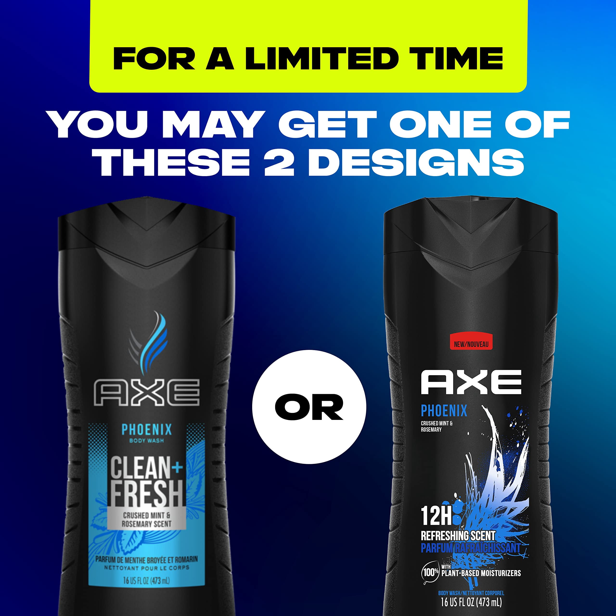 AXE Body Wash Phoenix CM31&nbsp;12h Refreshing Scent Crushed Mint & Rosemary 4 count Men's Body Wash with 100% Plant-Based Moisturizers 16 oz
