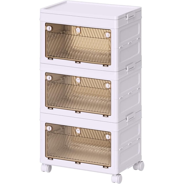 SONGWAY Stackable Storage Bins with Lids - 10Gal/40Qt Folding Storage Box with Doors and Wheels, Collapsible Closet Organizers and Storage, Plastic Storage Containers for Home Office, 3 Pack