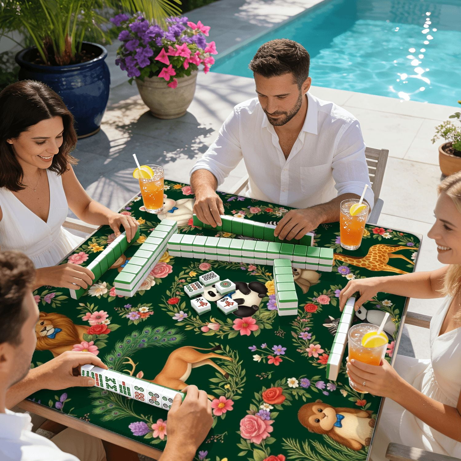 Mahjong Mat 31.5" x 31.5" Cute Animal Illustrations Floral Wreaths Dark Green Non-Slip Noise Reduction American Mahjong Tiles Table Cover for Dominoes Poker Card Board Games Gift