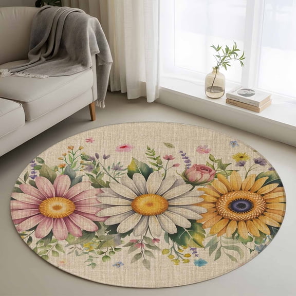 Round Rugs 4Ft, Vintage Daisy Floral Round Area Rug Washable Indoor Throw Carpet, Spring Flowers Botanical Leaves Rustic Soft Non Slip Circle Rug for Kitchen Nursery Room Home Decor Aesthetic