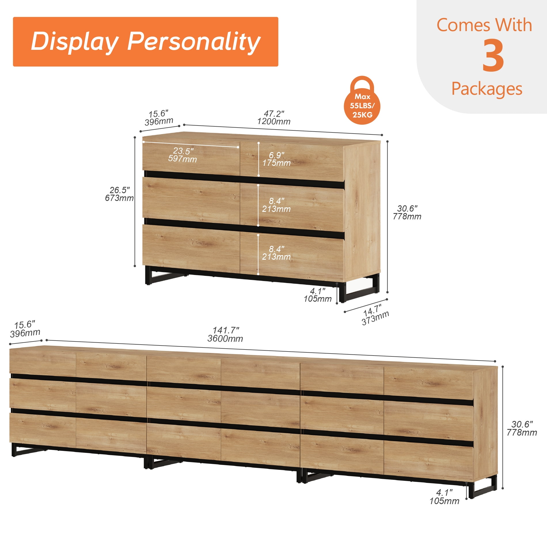 WAMPAT 18-Drawer Modern Chest of Drawers, Wooden Dresser with Concealed Handles & Metal Base, Closet Organizer for Bedroom, Living Room,Oak
