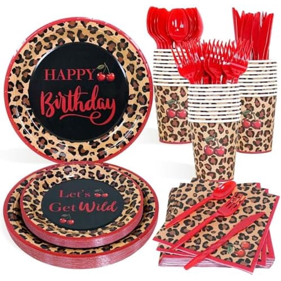 Red Cheetah Print Birthday Party Decorations Plates Set 25 Guests,175pcs Plates Napkins Cups Cutlery Set, Y2K Cherry Leopard Print for Girls Night Big Mama Women$$