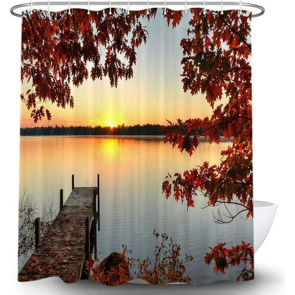 Autumn Shower Curtain, Maple Trees Fall Leaves and Wooden Bridge Lake Sunset Nature Landscape, Fall Themed Shower Curtains for Bathroom Decor Sets with Hooks, 69X70 in