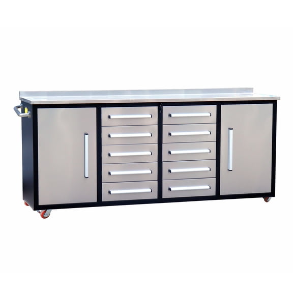 Work Bench,Heavy Duty 7FT 10-Drawers 2-Cabinets Storage Cabinets with Stainless Steel Top & Casters,Silver