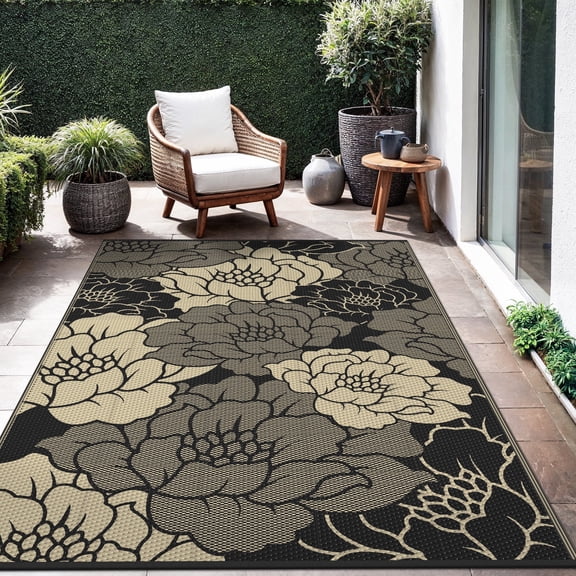 KUETH 6'x 9' Outdoor Rug Plastic Waterproof Outside Foldable Flower Mat UV Resistant Patio RV Deck Carpet,BLACK BEIGE