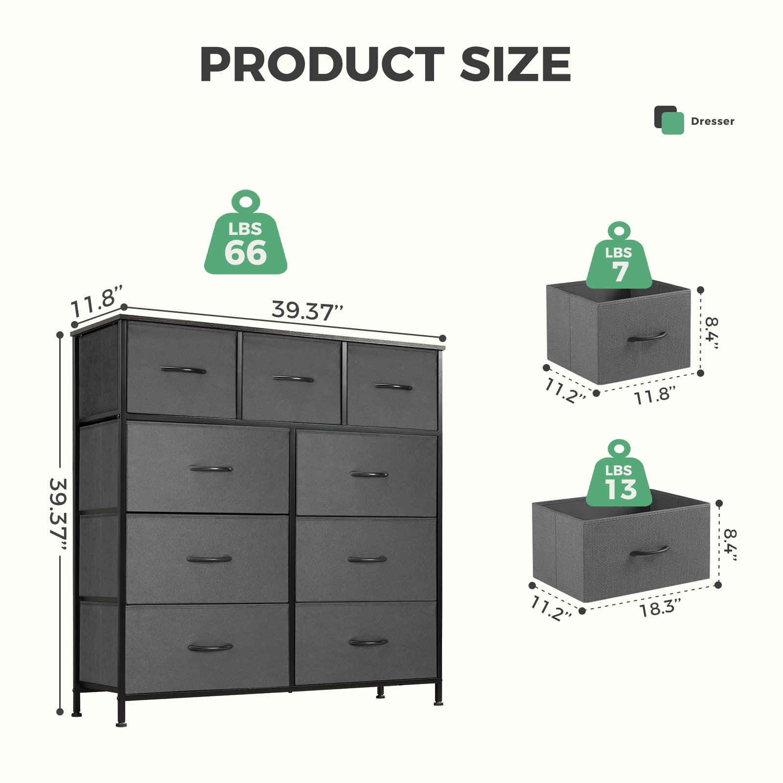Aidoly 9-Drawer Dresser with Wooden Top, Adjustable Feet, Sturdy Metal Frame Dressers for Bedroom, Living Room, Grey