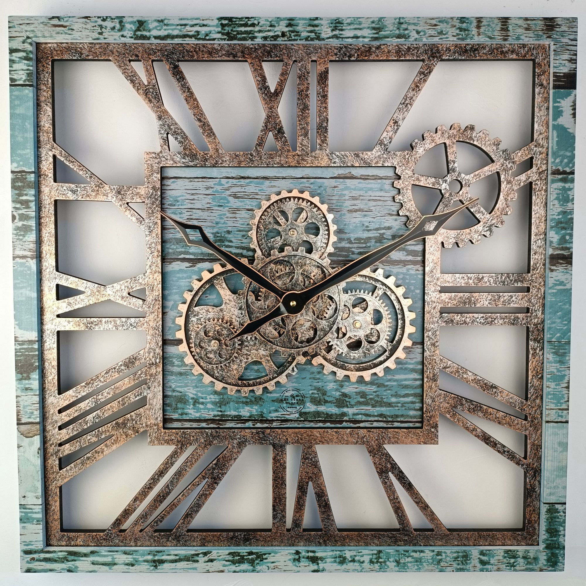 THE GEARS CLOCK Wall Clock with Real Moving Gears AM-LI_ 24 in Square Aqua-Green
