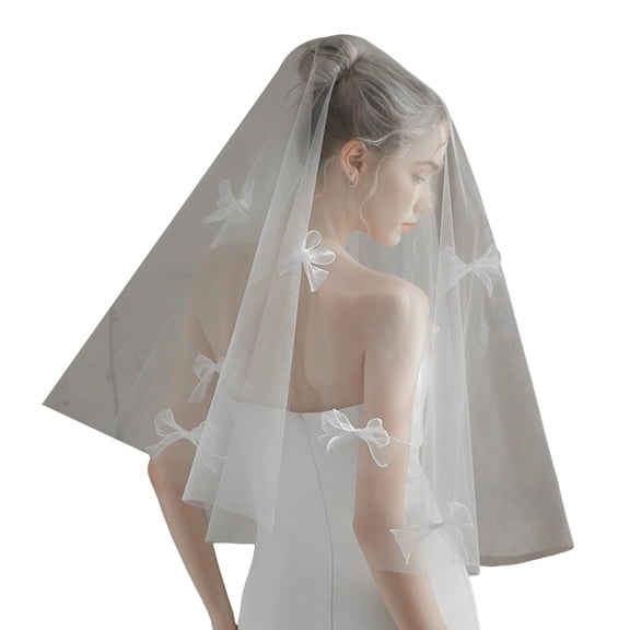 JZROCKER White Tulle Bridal Veil with Bowknot Designs Single Layer Bride Veil for Wedding Ceremony and Engagement Parties