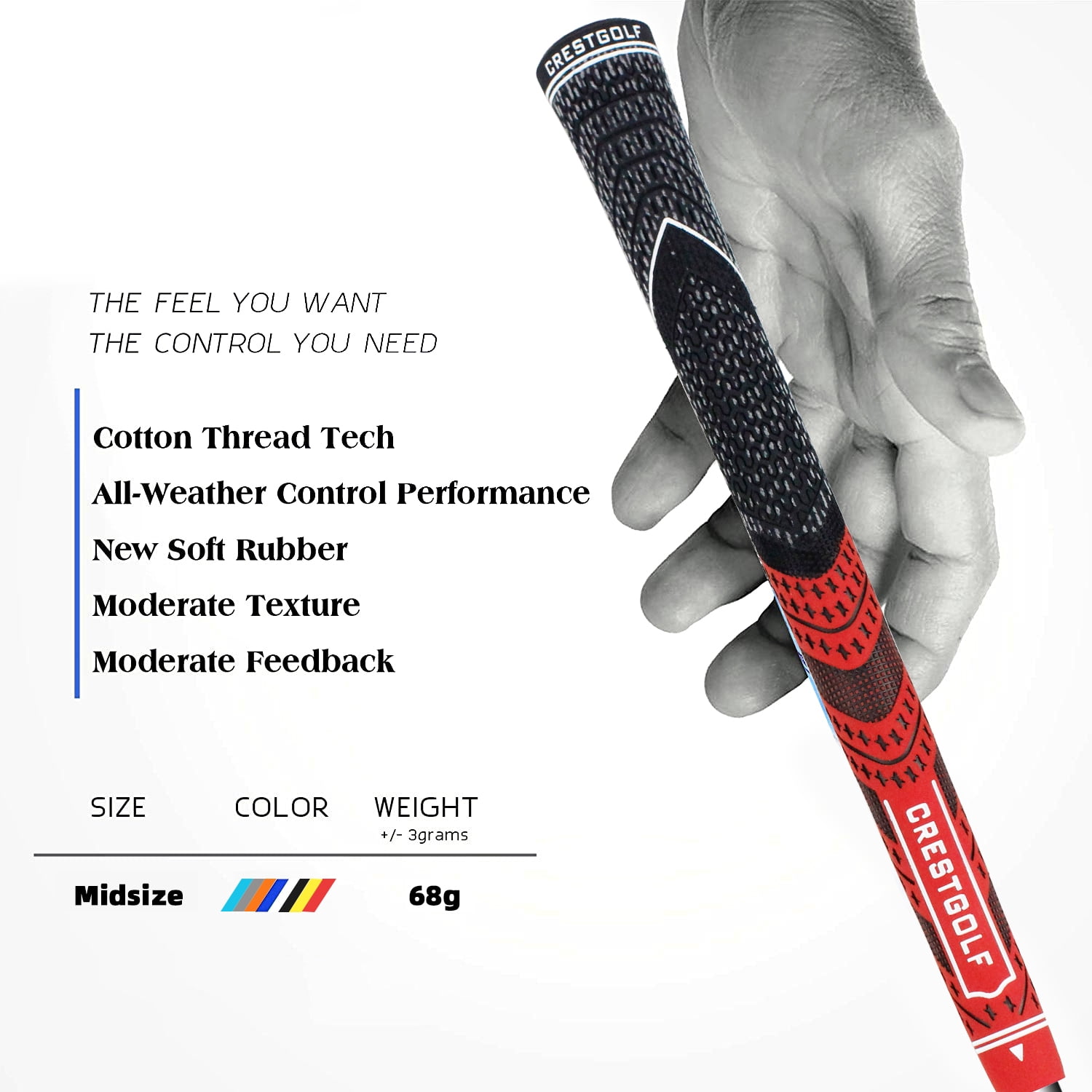 Crestgolf Multi -Compound Golf Grips, Standard/Mid Size All-Weather Control Thread Technology Rubber Combine with Carbon Yard, Anti-Slip-Set of 13