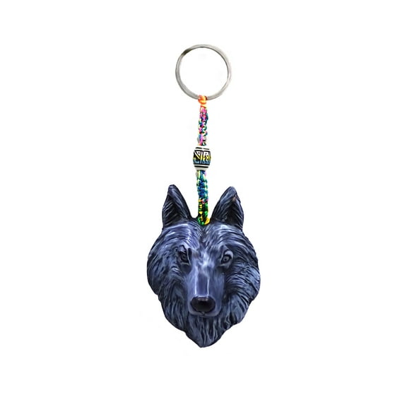 Wolf Head Wildlife Animal 3D Figurine Keychain Multicolored Macramé Metal Ring - Handmade Gifts Boho Car Keys Bag Accessories