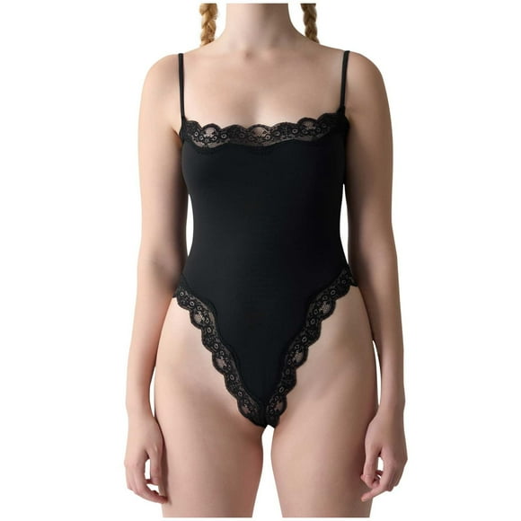 Jamicy Bodysuit Shapewear for Women Clearance Lace Bodysuits Square Neck Sleeveless Spaghetti Strap Bodysuit Tank Tops Basic Cami Shirts