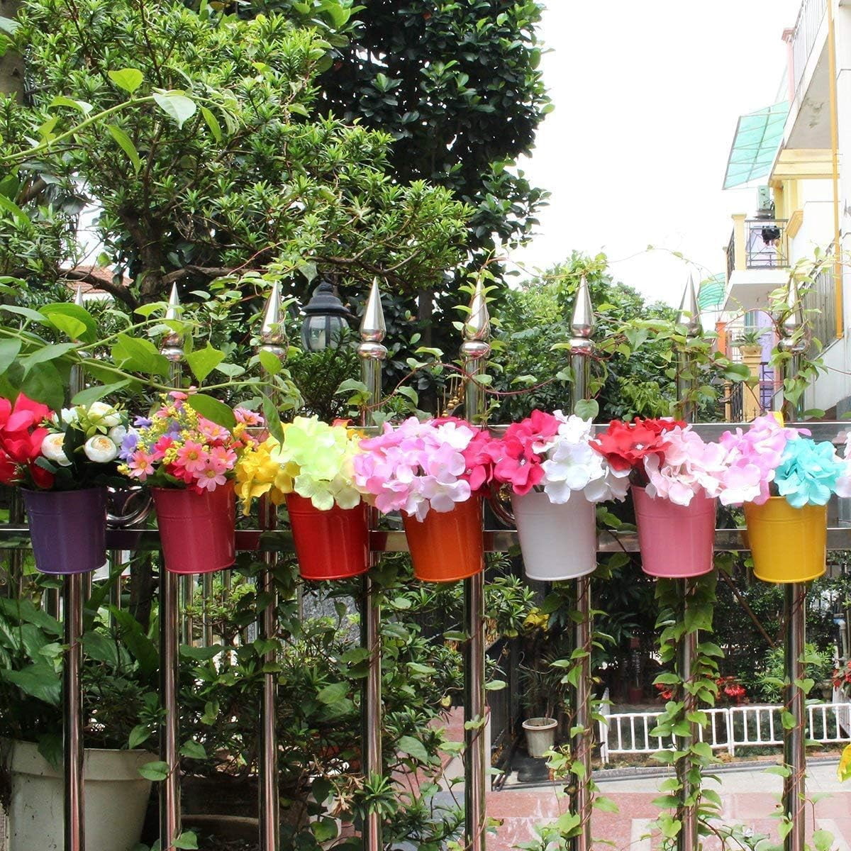10Pack Round Railing Flower Bucket,Fence Planters Outdoor,Multicolor Hanging Plant Pots,Metal Succulent Container Box,for Balcony Patio Yard Garden (Random Color)