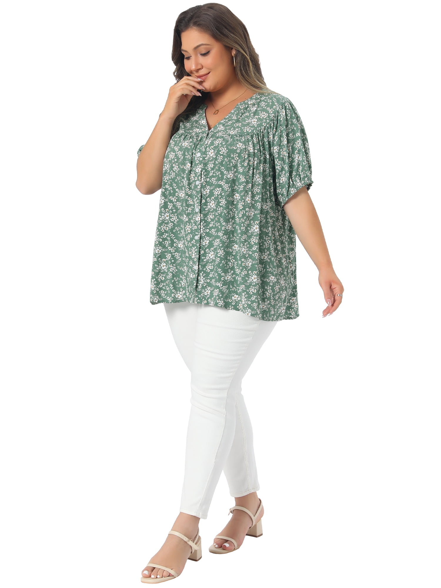 DARING DIVA Women's Plus Button Down Short Sleeve Casual V Neck Summer Tops 4X Green