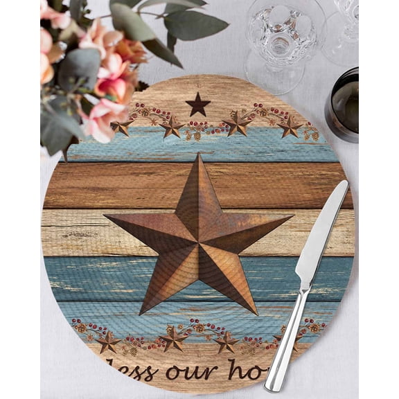 13 Inch Round Placemats Set of 4, Western Texas Star Retro Non Slip Heat Insulation PP Table Mats, Vintage Farmhouse Blue Brown Wood Grain Washable Place Mats for Kitchen Dining Party Table Decor
