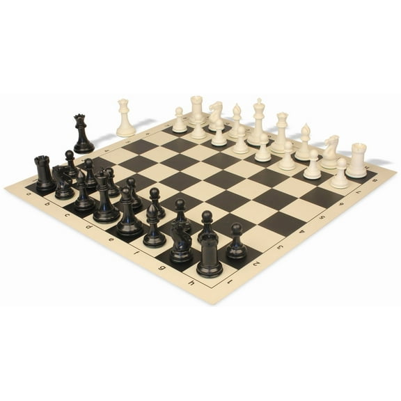 Conqueror Plastic Chess Set - Black & Ivory Pieces with Rollup Board - Black