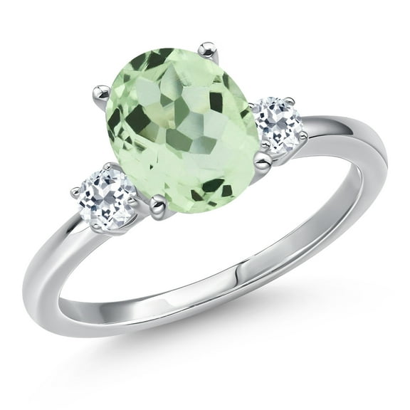 Gem Stone King 14K White Gold Green Prasiolite and White Topaz Engagement Ring for Women | 2.68 Cttw | Oval 10X8MM | Gemstone Birthstone | Size 5