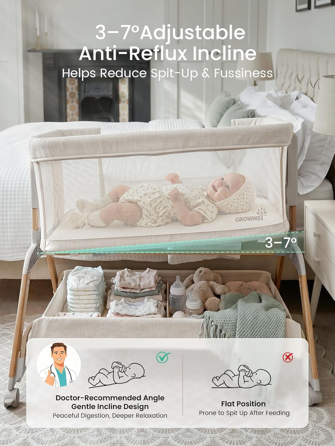 GROWNSY Baby Bassinet Bedside Sleeper with Gentle Rocking Mode, 6 Adjustable Heights, Full Breathable Mesh, Convertible to Portable Crib, Bassinets with Mattress & Wheels, Beige