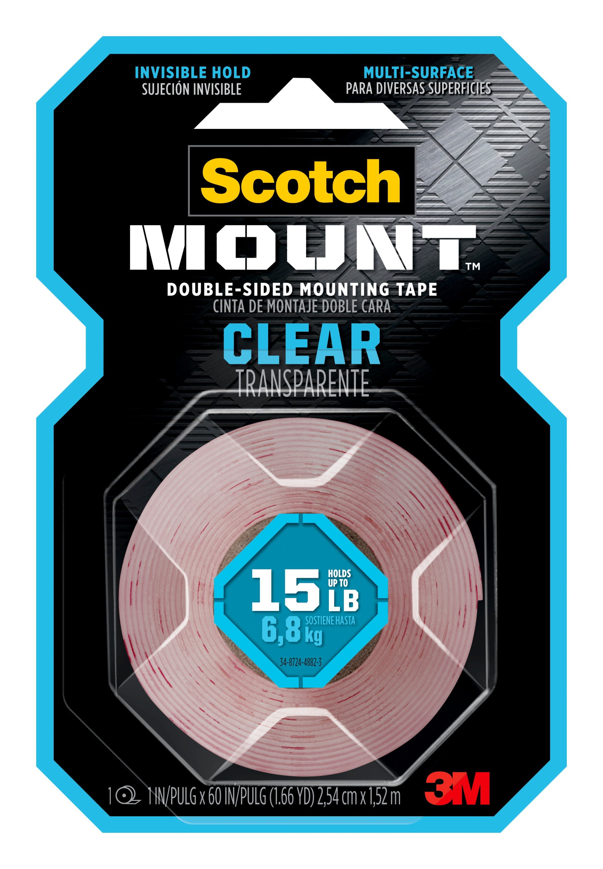 Scotch-Mount Clear Double-Sided Mounting Tape, 1 in x 60 in, 1 Roll