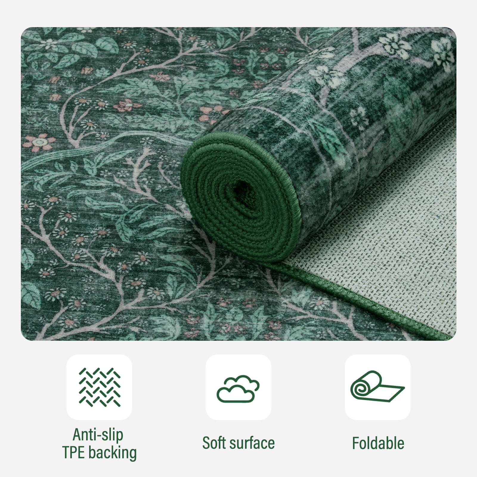 PLEASOR 8'x10' Area Rug for Living Room, Green Washable Area Rugs with Non-Slip Backing, Boho Floral Vintage Carpets Low Pile for Dining Room, Bedroom, Home Office, Indoor, Nursery, Apartment