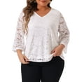 thumbnail image 2 of DARING DIVA Women's Plus 3/4 Bell Sleeve V Neck Floral Lace Blouse 1X White, 2 of 6
