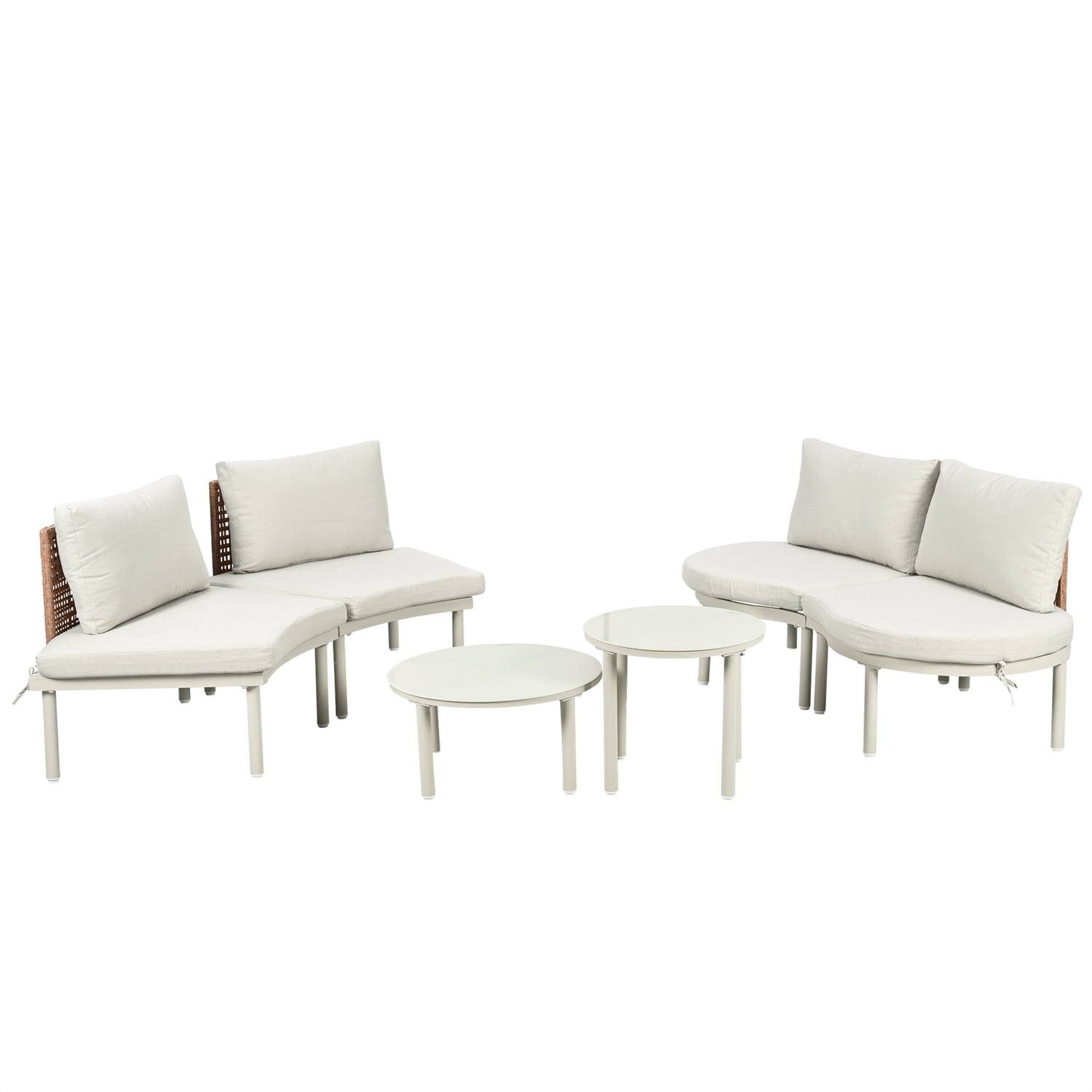 YIORTWO 6-Piece Modular Outdoor Sectional Sofa Set, Half Moon PE Wicker Patio Furniture with 2 Tempered Glass Coffee Tables & Cushions, for Backyard, Beige