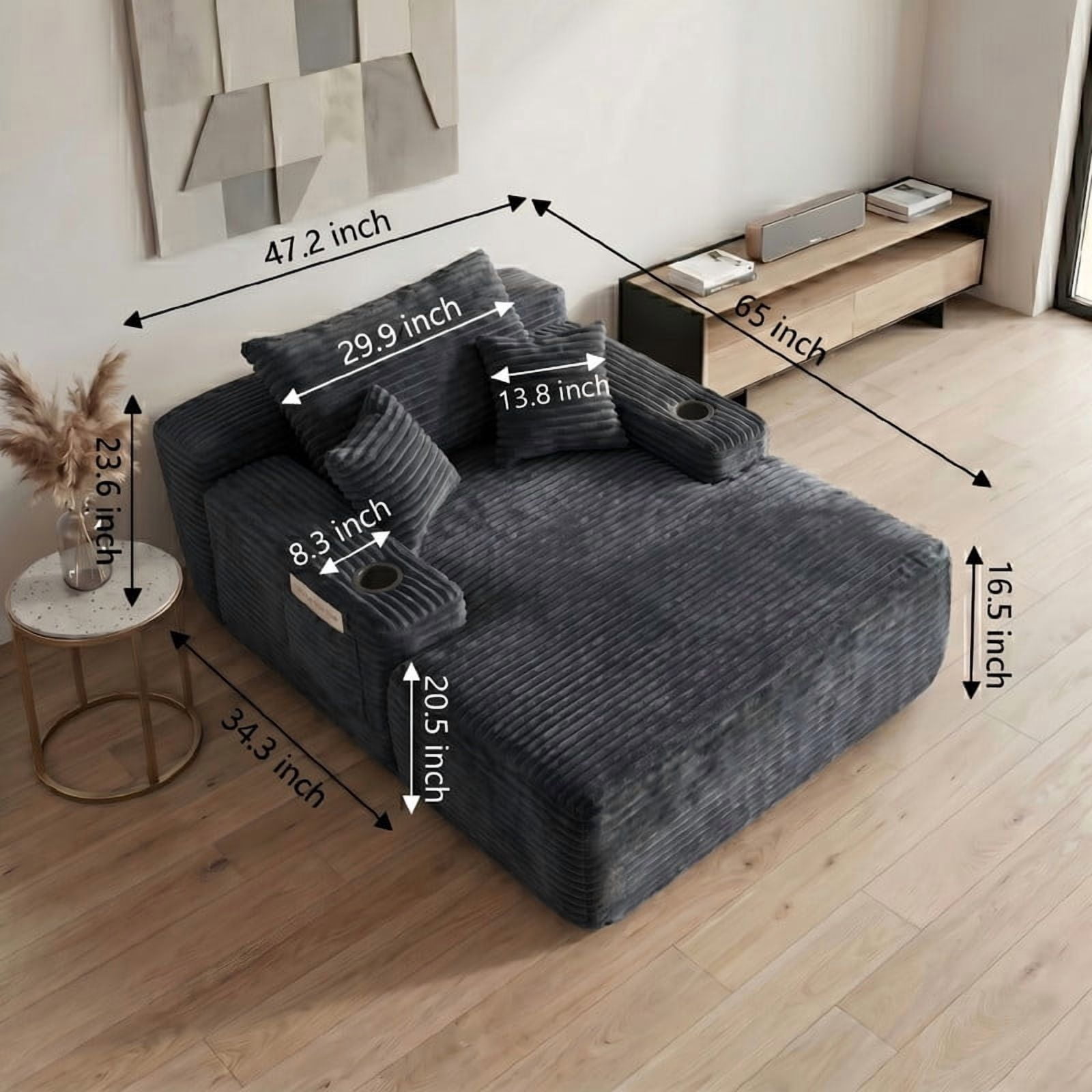 Modern Plush Faux Fur Oversized Chaise Lounge Sofa Chair with Deep Seat Memory Foam and Pillows, No Assembly Required for Living Room Bedroom Studio, Gray