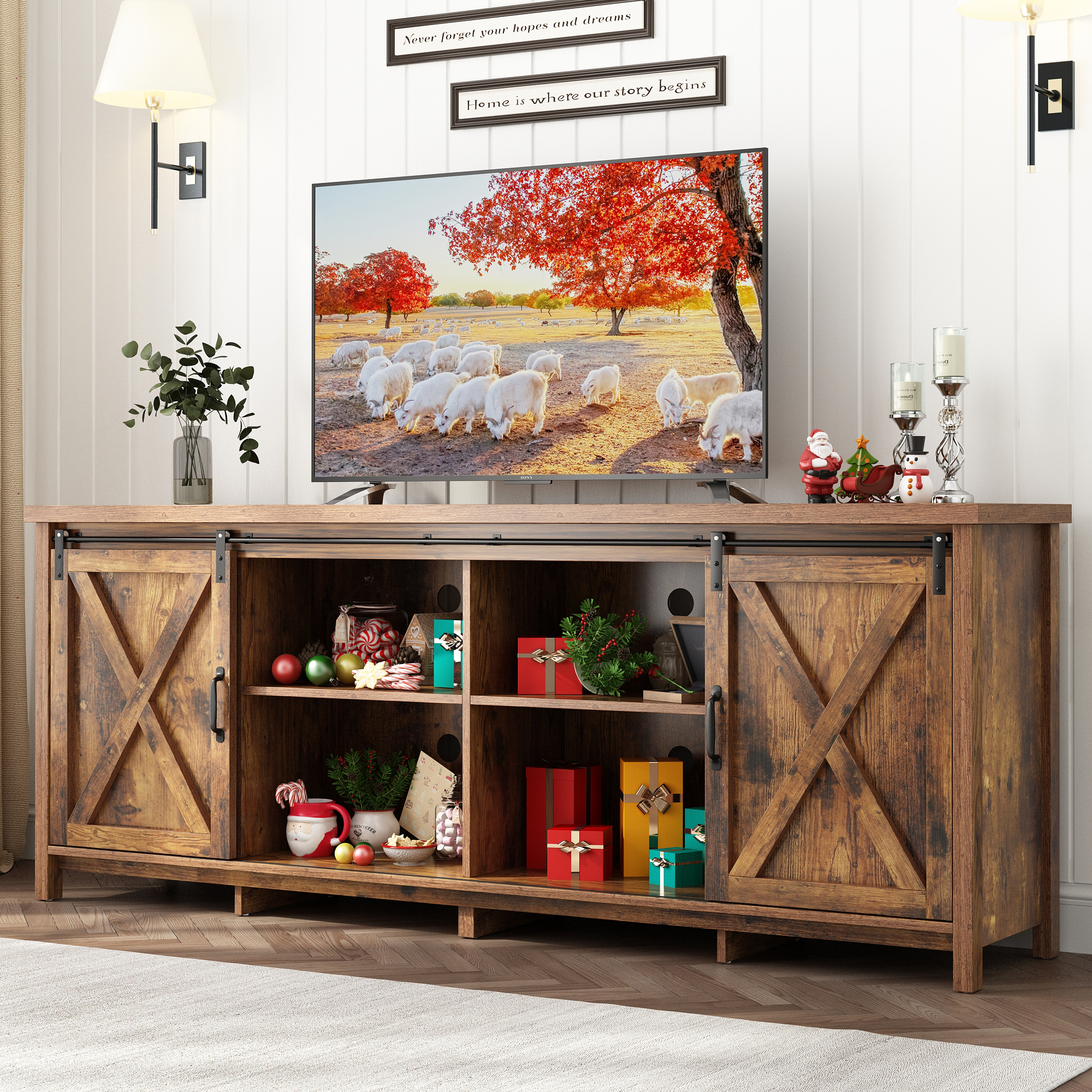 Chvans 70" Farmhouse TV Stand with Sliding Barn Doors