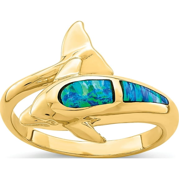 14K Yellow Gold Lab Created Opal Dolphin Ring (Size 7) Made In United States r656
