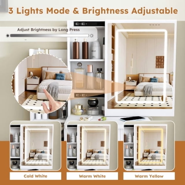 Coiffeuse Moderne, avec 3 modes d'Éclairage DEL à Luminosité Réglable, avec 4 Tiroirs et Multiples Étagères de Rangement Ouvertes, avec un Support pour Séchoir à Cheveux et une Prise de Courant, une Coiffeuse.blanc