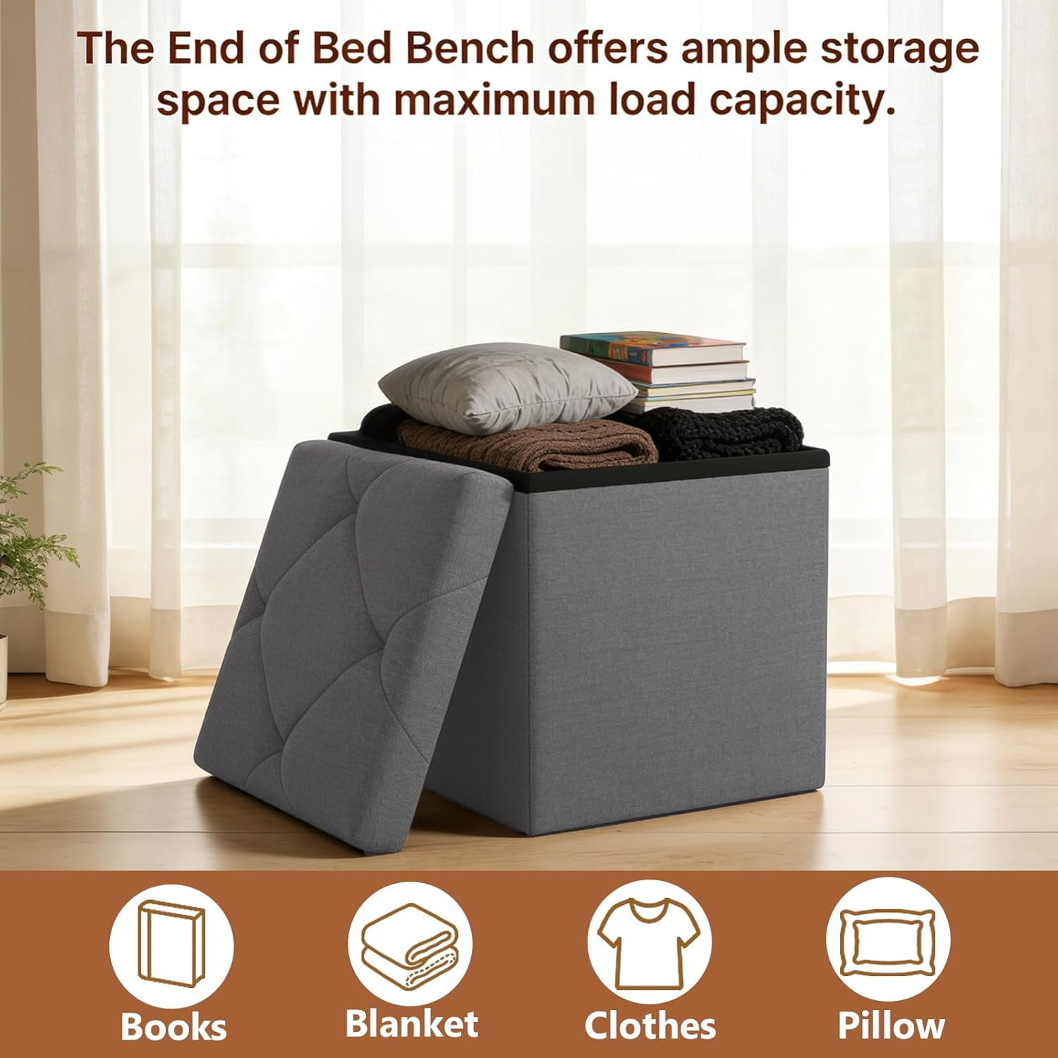 15" Foldable Storage Ottoman Bench with Bins, Padded Footrest Stool for End of Bed, Living Room and Entryway, Holds up to 350 lbs, Gray