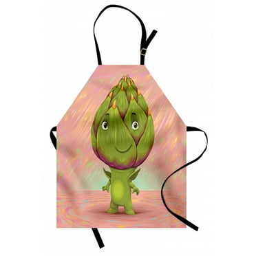 Artichoke Apron Cute Artichoke Character with Little Hands and Feet Healthy Eating Mascot, Unisex Kitchen Bib Apron with Adjustable Neck for Cooking Baking Gardening, Green and Rose, by Ambesonne