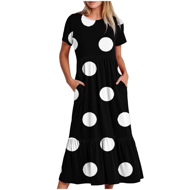 Fankiway Robe Longue Ample à Manches Courtes avec Poche et Col Rond Imprimé pour Femmes Rondes Robes de Printemps pour Femmes 5680