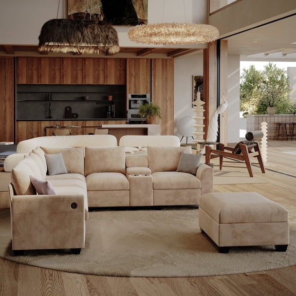 121'' U-Shaped Modular Sectional Sofa with Center Console and Cup Holders, Storage Ottoman Footrest, Living Room Combination Couch