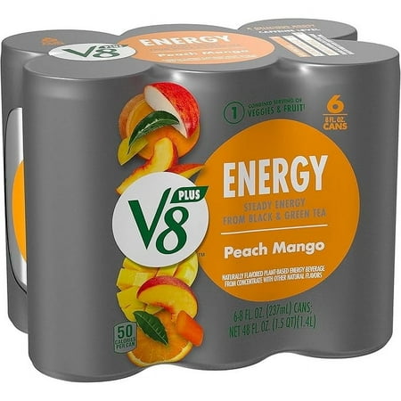 V8 +Energy Peach Mango Energy Drink, 8 fl oz Can (Pack of 6)