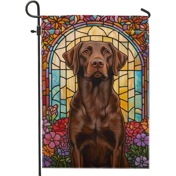 Spring Summer Brown Dog Garden Flag, Stained Glass Style Double Sided Floral Banner for Outdoor Yard Patio Home Decor, 12 x 18 Inch